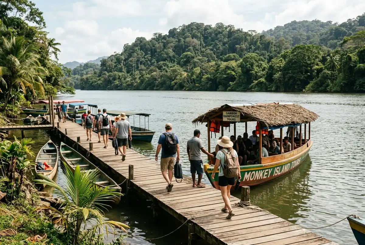 Small marina dock at Gamboa with a riverboat loading passengers for a monkey island tour, rainforest backdrop, late morning light