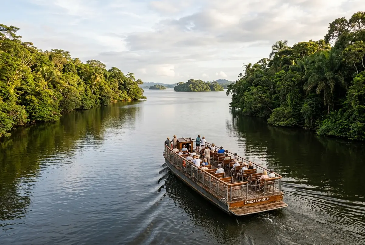 Open riverboat cruising down the Chagres River from Gamboa Marina toward Monkey Island in Gatun Lake, lush rainforest banks, morning light