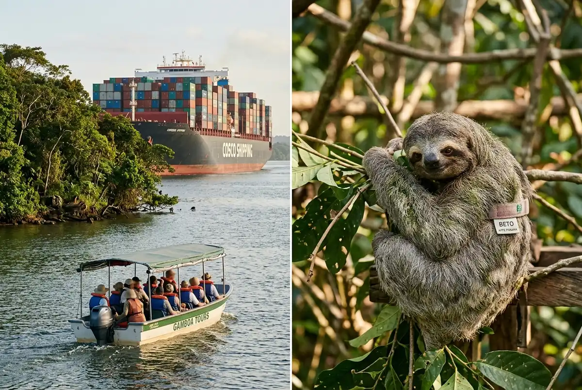Split scene of a Monkey Island boat tour passing a cargo ship and a rescued sloth at Gamboa Sloth Sanctuary, warm tropical light, Panama Canal