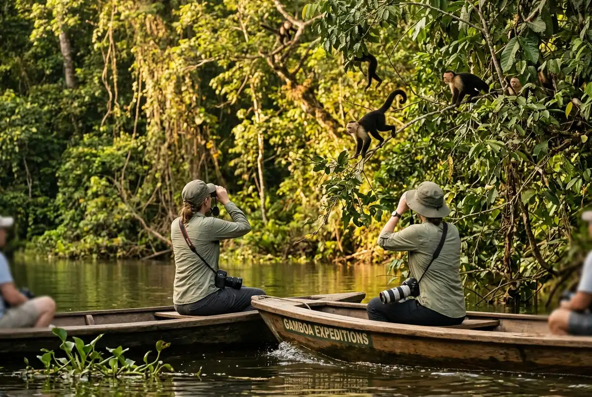 Traveler on a boat watching wild capuchin monkeys in the rainforest canopy at Monkey Island on Gatun Lake, golden afternoon light, is monkey island panama worth it