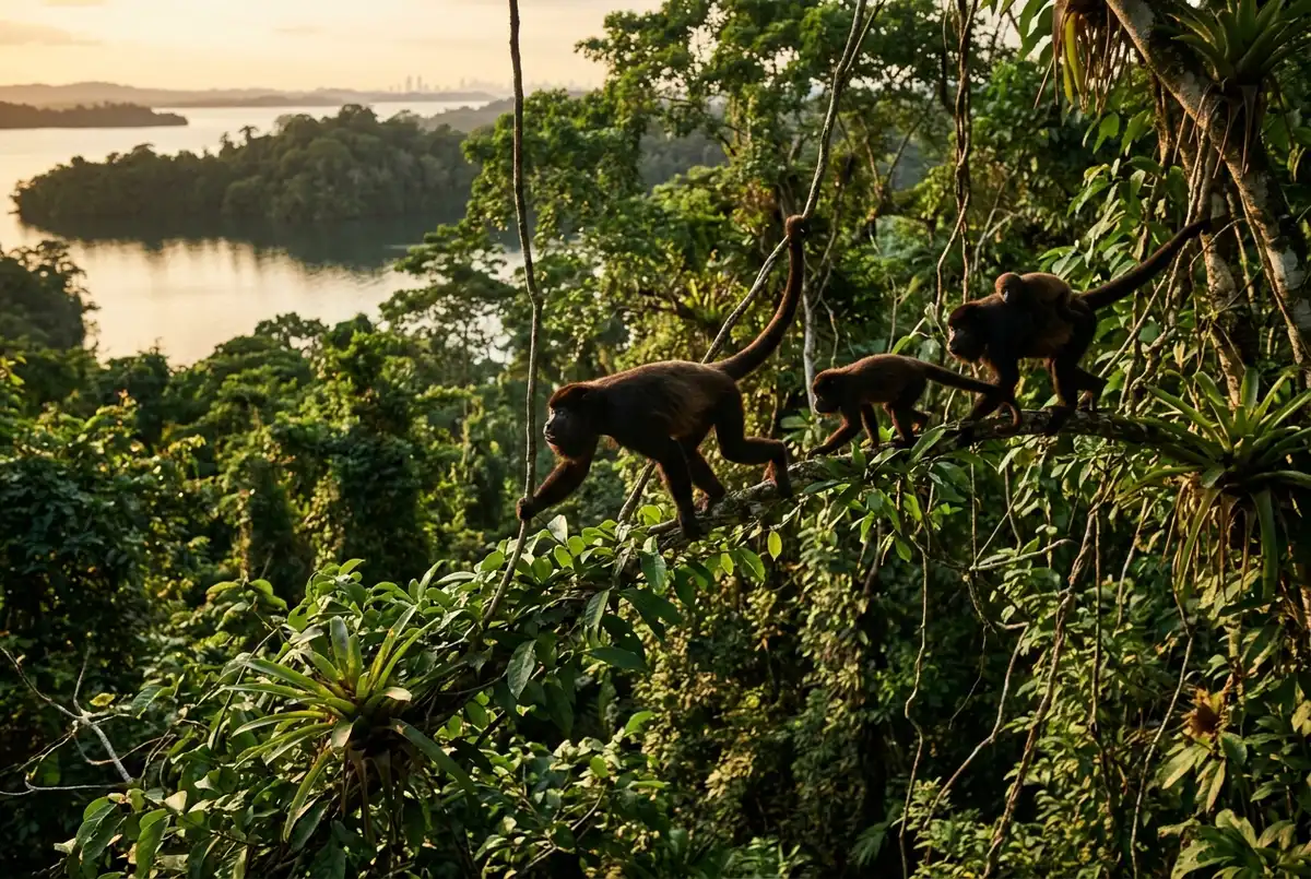Wild monkeys in Panama moving through dense rainforest canopy on a forested island in Gatun Lake at golden hour