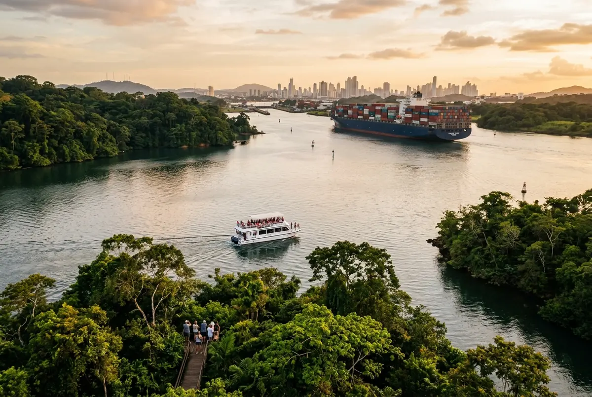 Wide shot of a tour boat on Gatun Lake with a cargo ship transiting the Panama Canal in the background and forested monkey islands in the foreground, golden hour