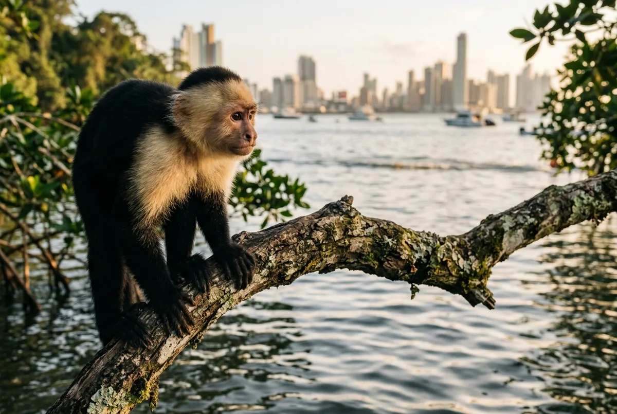 Close-up of a white-faced capuchin monkey perched on a branch over the water near Panama's Monkey Island