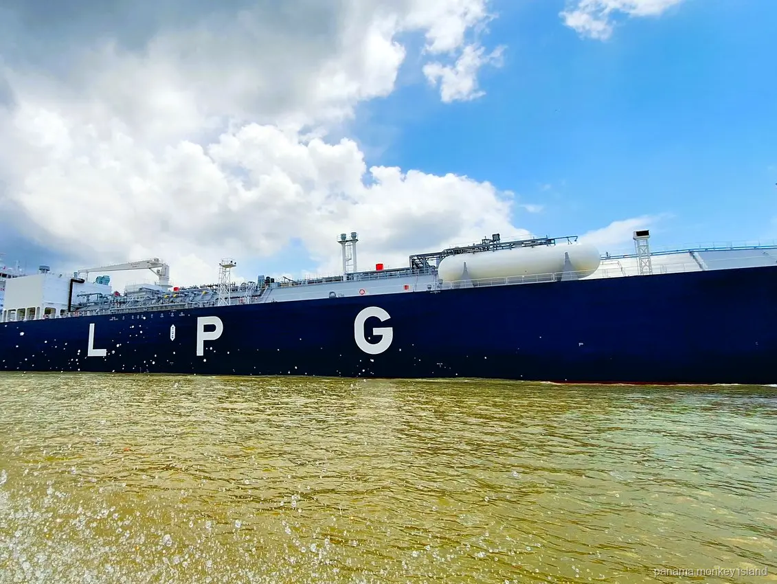 Close view of a large LPG carrier ship from the water on the Panama Canal, panama monkey island tour